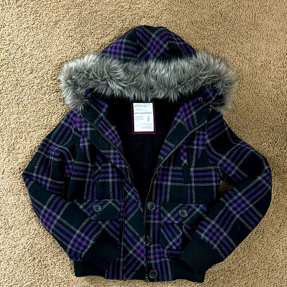 Plaid Aero Jacket- Women's Small Purple, Gray, Black. Fuzzy hoodie, soft lining.